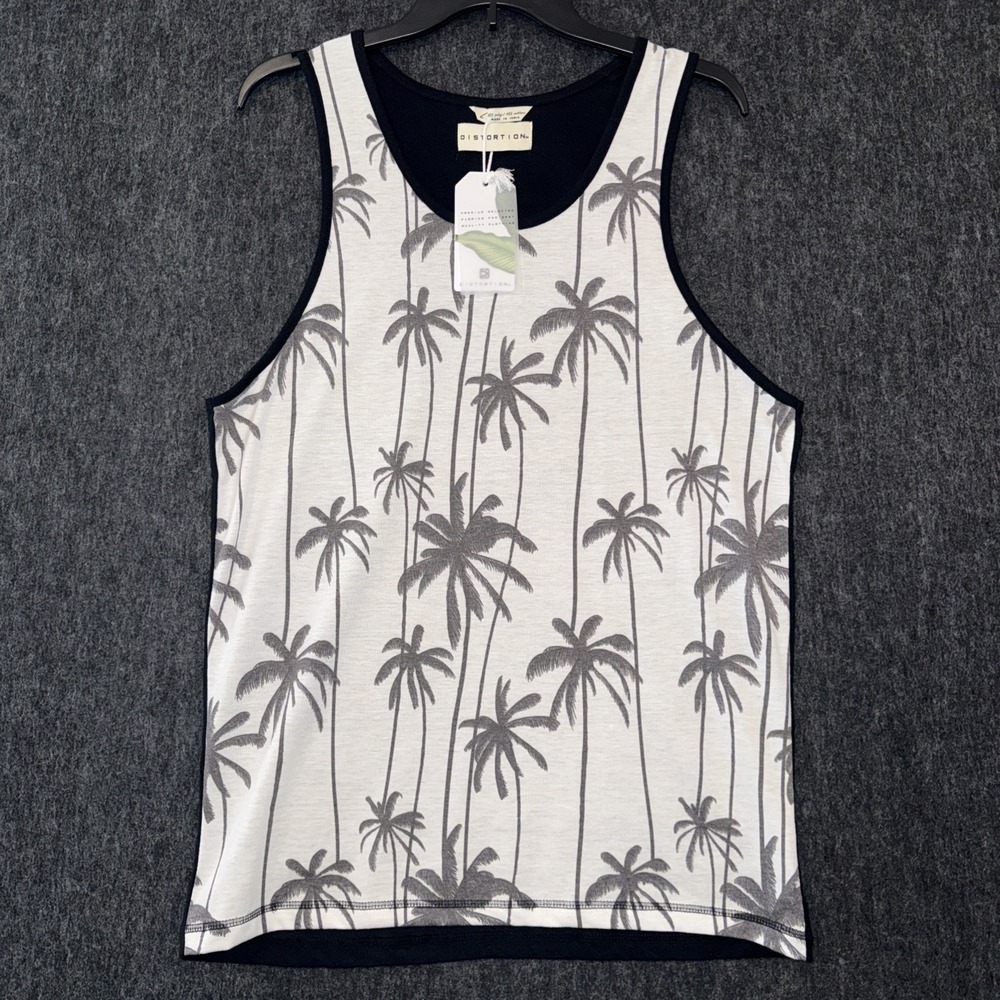 Distortion Tank Top Mens Large Black White Palm Trees Beach Travel Summer